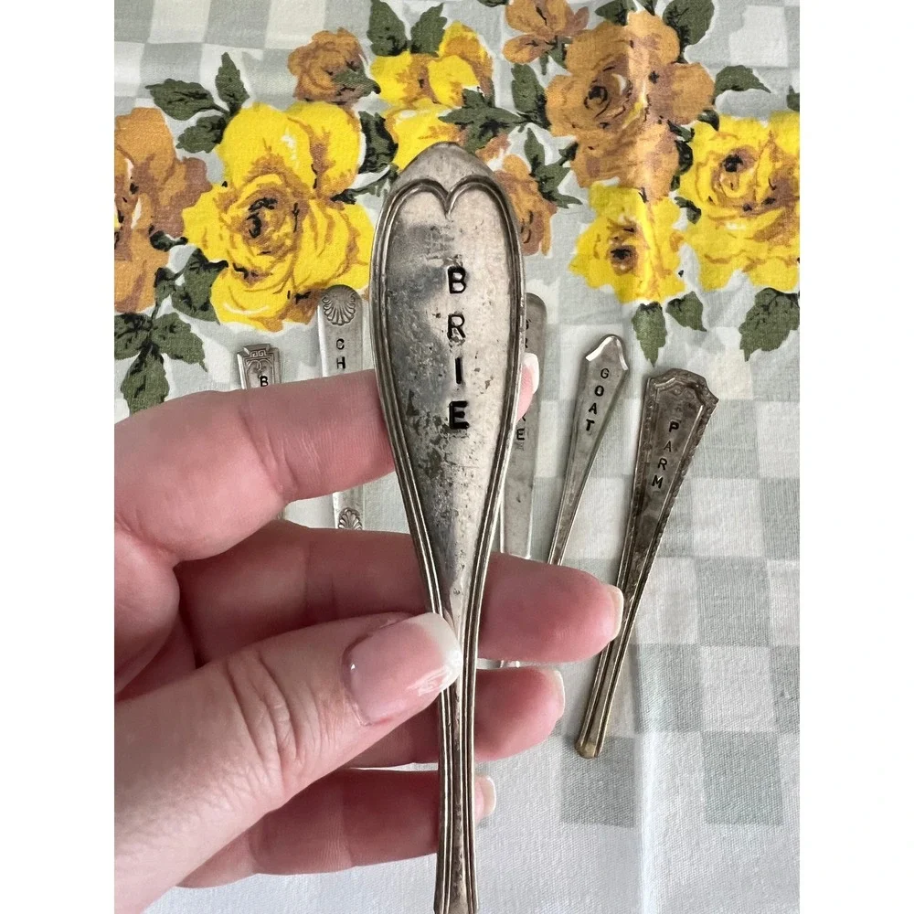 Set of 6 repurposed  Hand Stamped Vintage Spoon Handles Cheese Markers